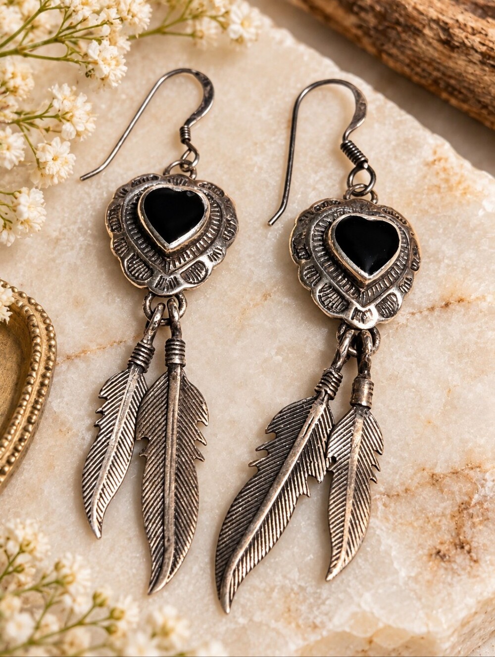 Vintage 925 Sterling Silver Onyx Heart Feather Dangle Earrings